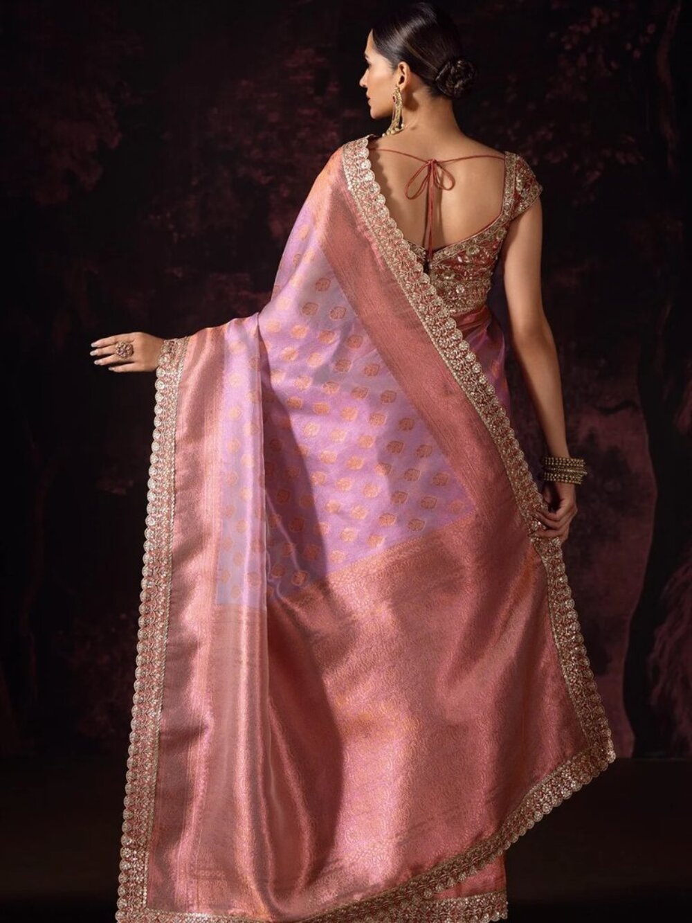 Lashkaraa Pink Ombre Embroidered Tissue Saree (Pre-pleated) - Picture 3 of 7